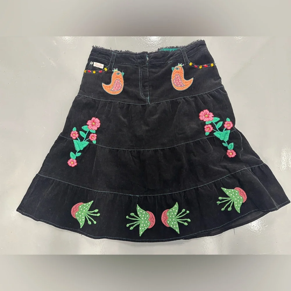 Miss Me Black Embroidered Corduroy Skirt with Floral & Bird Motifs - Picture 1 of 10